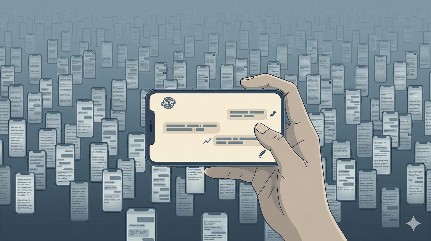 An editorial flat design illustration depicting a single hand holding a smartphone in landscape orientation. The phone features a warm, cream-colored screen with a clean, minimal layout suggesting a sparse thread of authoritative updates, accented by a subtle quill icon and an abstract badge. In the background, a dense, sprawling field of dozens of identical smartphones recedes into the distance in cool, muted blue-gray tones; their screens are packed with overlapping text and notification badges that progressively blur into a haze of digital noise, creating a stark visual contrast between clarity and chaos.
