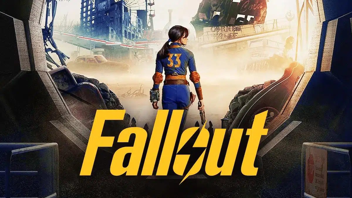 Imagem promocional do jogo Fallout, mostrando uma personagem com um traje azul e o número 33, segurando uma arma, em um ambiente pós-apocalíptico.