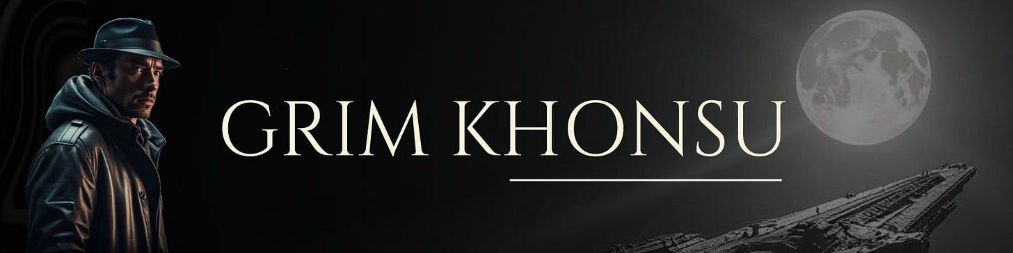 Grim Khonsu title banner, showing the detective Grim (with coat and hat) and the vast generation ship Khonsu