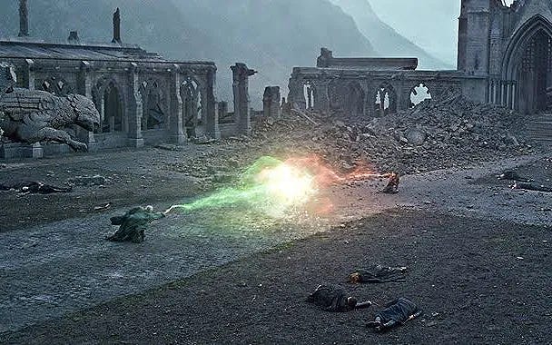 The iconic battle scene between Harry and Voldemort in Deathly Hallows: Part 2