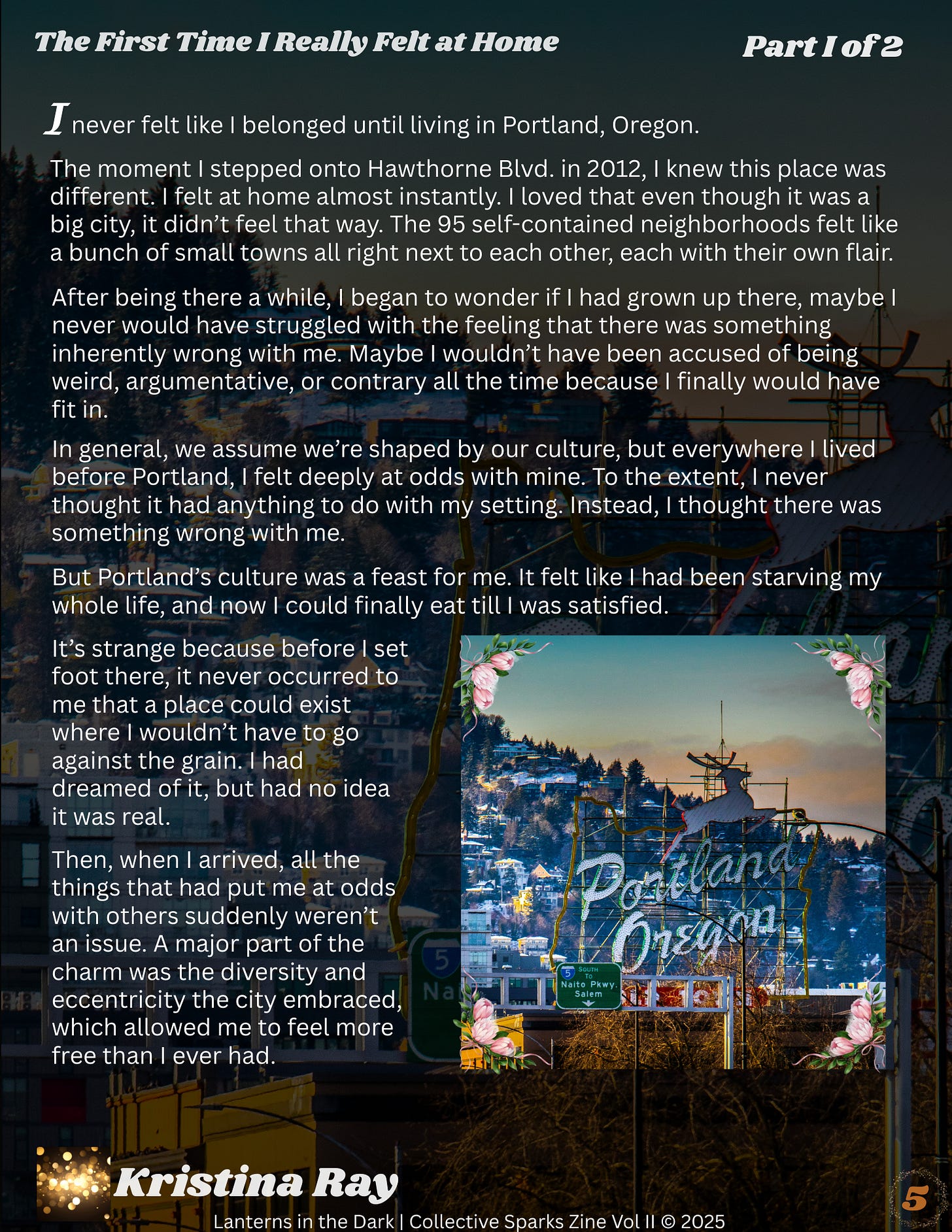 Cityscape of Portland, Oregon at dusk with the illuminated “Portland Oregon” sign in the foreground, framed by decorative floral corners, set beside reflective prose about belonging and cultural fit.