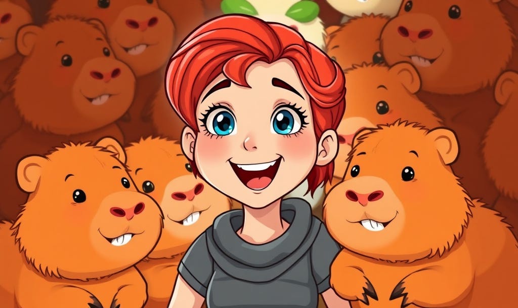 cartoon woman with red hair and blue eyes is happy surrounded by capybaras