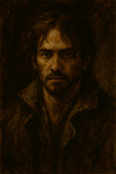 Greegan's friend Lyren appears in a flashback scene set in the shadowed alleys of Balok's Cut. He is young, wiry, and dressed in the patchwork leathers of a low-tier Iron Ring operative—his eyes sharp, his smile crooked, and his posture tense with loyalty and danger. A faint scar runs across his cheek, and a silver ring glints on his finger, marked with a symbol Greegan never learned to read. The alley is dimly lit by lanterns, casting long shadows on the stone walls. Lyren reaches out a hand toward Greegan, half in warning, half in farewell. The atmosphere is heavy with regret, memory, and the weight of choices made. Greegan's friend Lyren appears in a flashback scene set in the shadowed alleys of Balok's Cut. He is young, wiry, and dressed in the patchwork leathers of a low-tier Iron Ring operative—his eyes sharp, his smile crooked, and his posture tense with loyalty and danger. A faint scar runs across his cheek, and a silver ring glints on his finger, marked with a symbol Greegan never learned to read. The alley is dimly lit by lanterns, casting long shadows on the stone walls. Lyren reaches out a hand toward Greegan, half in warning, half in farewell. The atmosphere is heavy with regret, memory, and the weight of choices made.