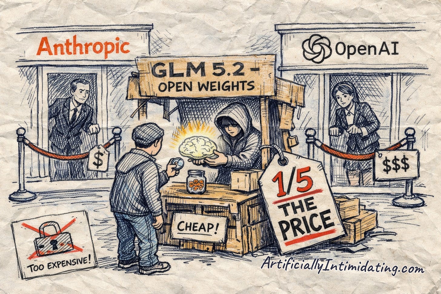 Hand-drawn cartoon: a street vendor sells an open-weights AI brain cheaply while roped-off Anthropic and OpenAI boutiques look on with sky-high price tags.