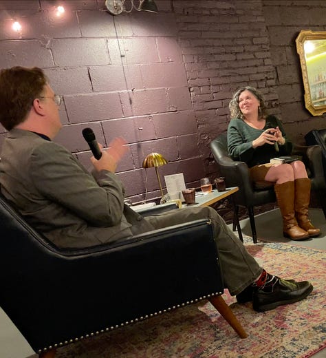 photos of the author at various interviews and talks