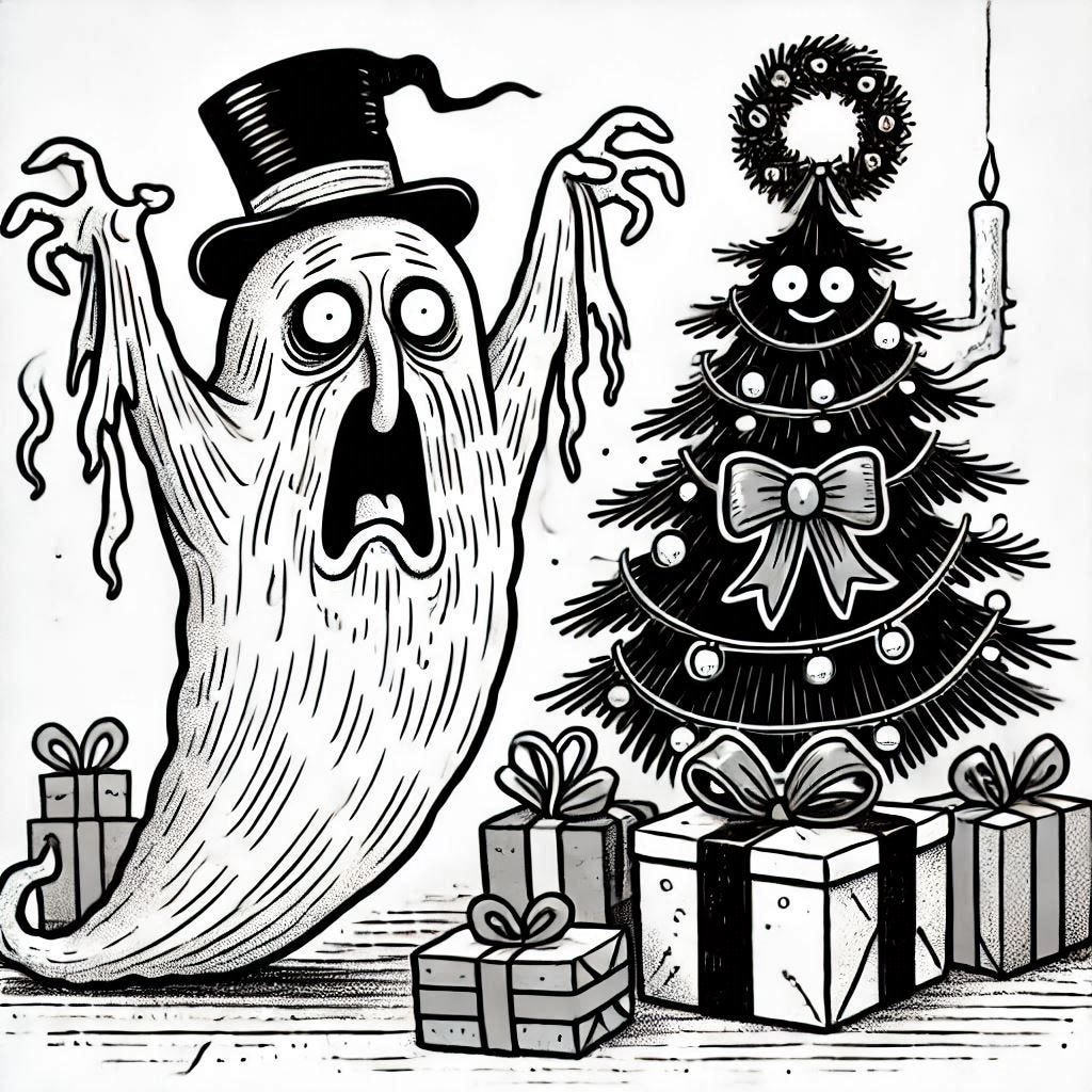 A bad AI image of a ghost with a Christmas tree and presents in the background