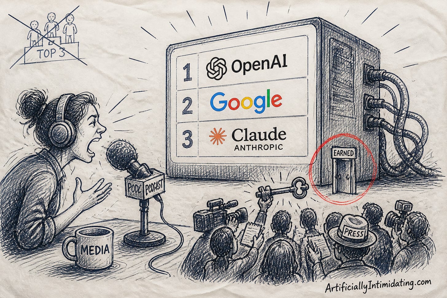 Editorial cartoon: a podcaster shouts into a microphone beside a giant glowing answer box listing only three numbered names, none of them hers; a small door in its side marked EARNED is guarded by a crowd holding the only key.