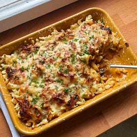 caramelized leek and kimchi käsespätzle