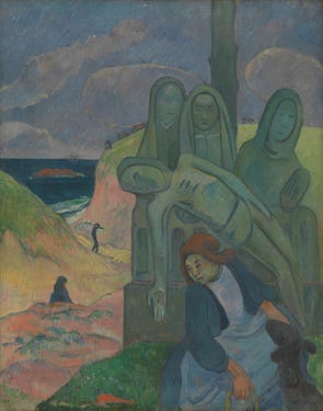 Gauguin painting of a Breton woman seated before a green crucifix statue Gauguin painting of a Breton woman seated before a green crucifix statue
