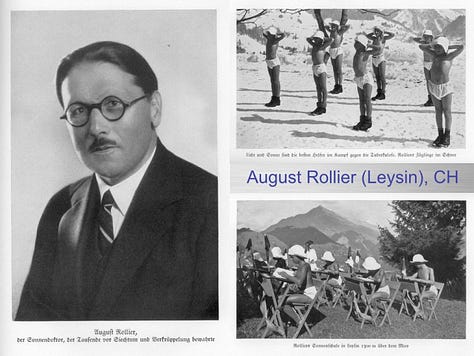 (L) Finsen's "light elves" (R) Auguste Rollier (C) young patient with Rickets treated with light therapy