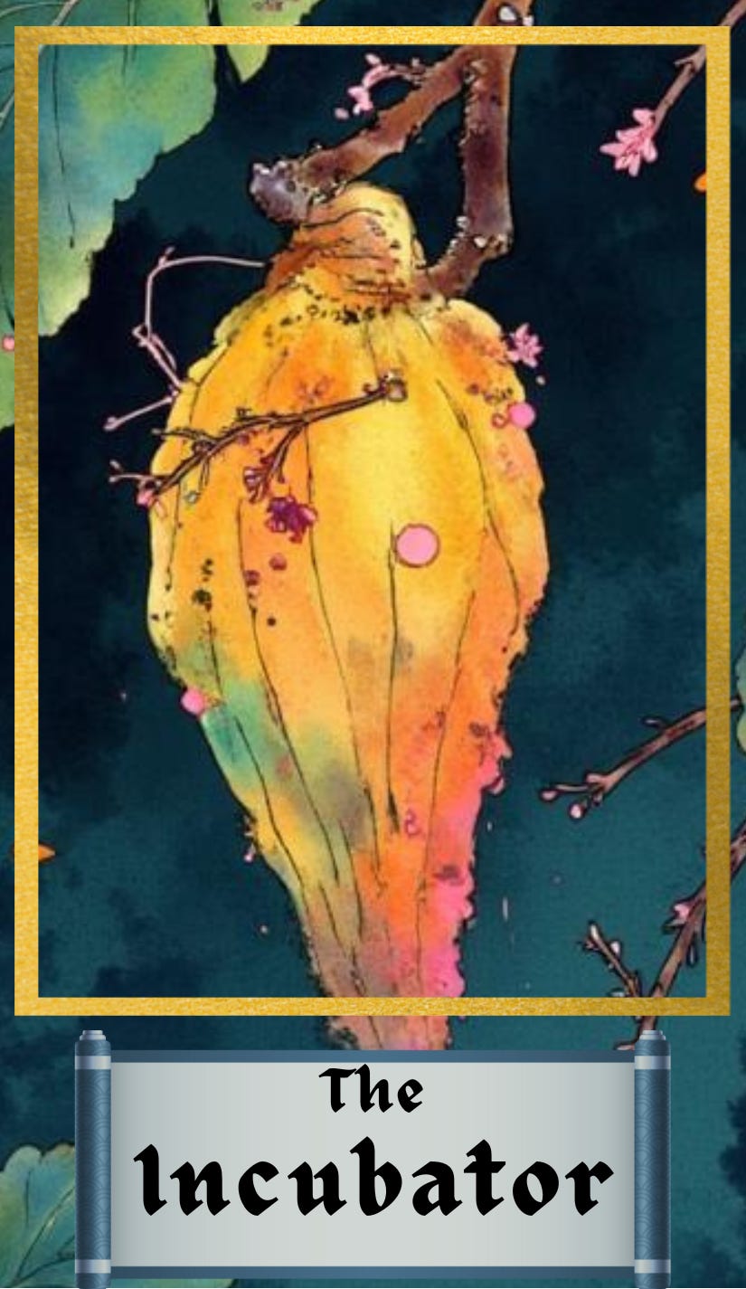 Ink sketch of an abstract butterfly cocoon against a deep blue night sky, labeled "The Gatherer." This image represents one of six AuthorKind Archetypes created by JL Tooker, illustrating a writer's or creative's journey. Rendered in blues and beiges, the artwork is framed in gold, evoking the style of a tarot card.