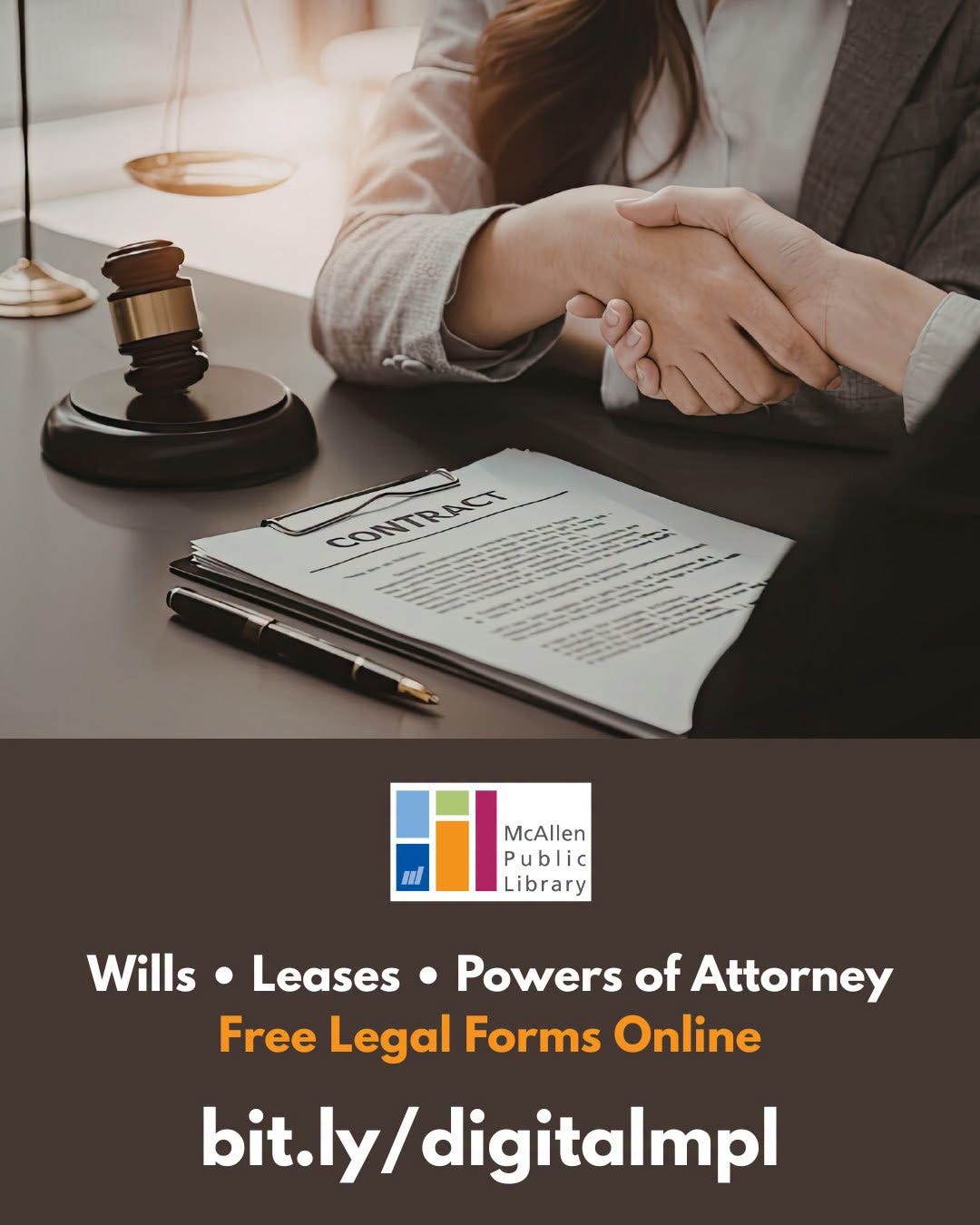 May be a graphic of text that says 'CONTRACT CONTRACT McAllen Public Library Wills Leases Powers of Attorney Free Legal Forms Online bit. bit.ly/d t.ly/digitalmpl' May be a graphic of text that says 'CONTRACT CONTRACT McAllen Public Library Wills Leases Powers of Attorney Free Legal Forms Online bit. bit.ly/d t.ly/digitalmpl'