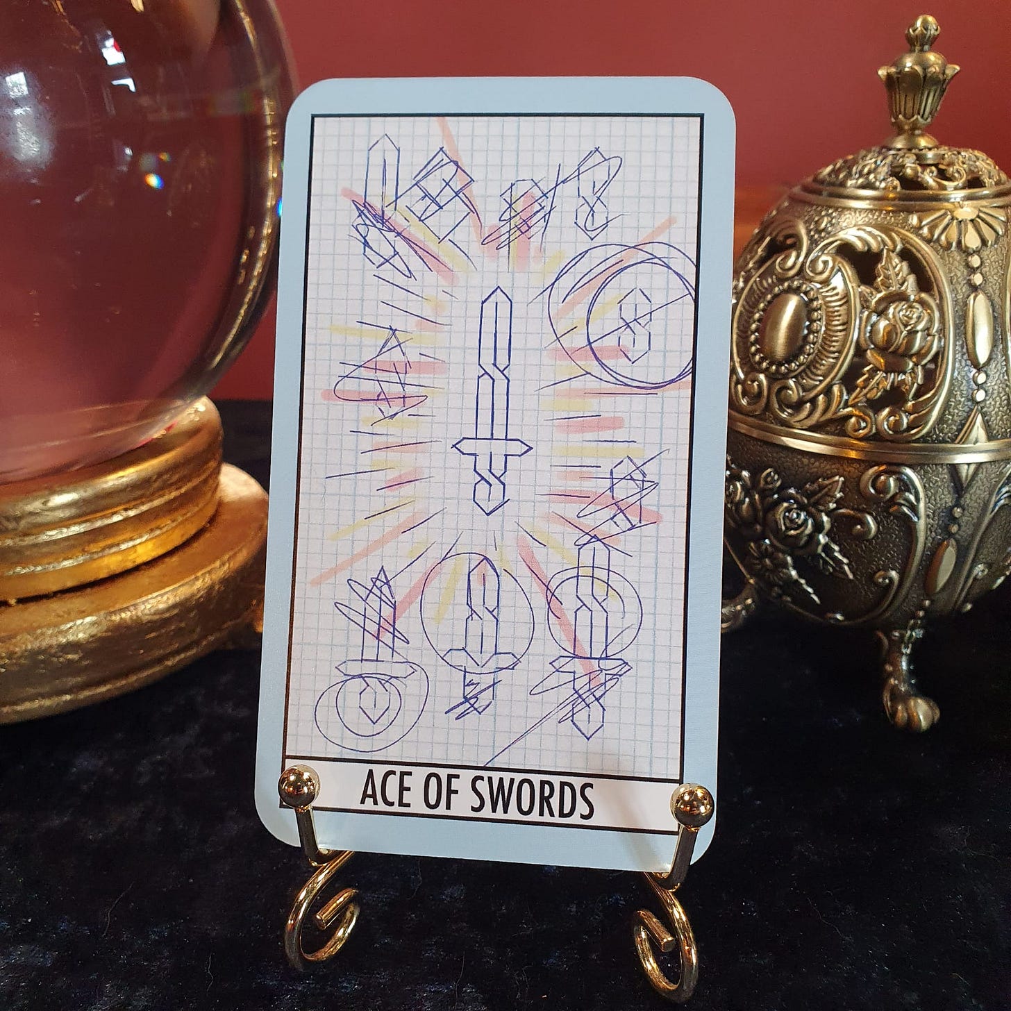 Ace of Swords tarot card on a brass display stand beside a crystal ball and ornate incense burner, featuring a hand-drawn sword surrounded by sketchbook-style geometric marks - photographed for the Tarot DMs interview with Joanne Harris discussing creativity, clarity, and the Ace of Swords.