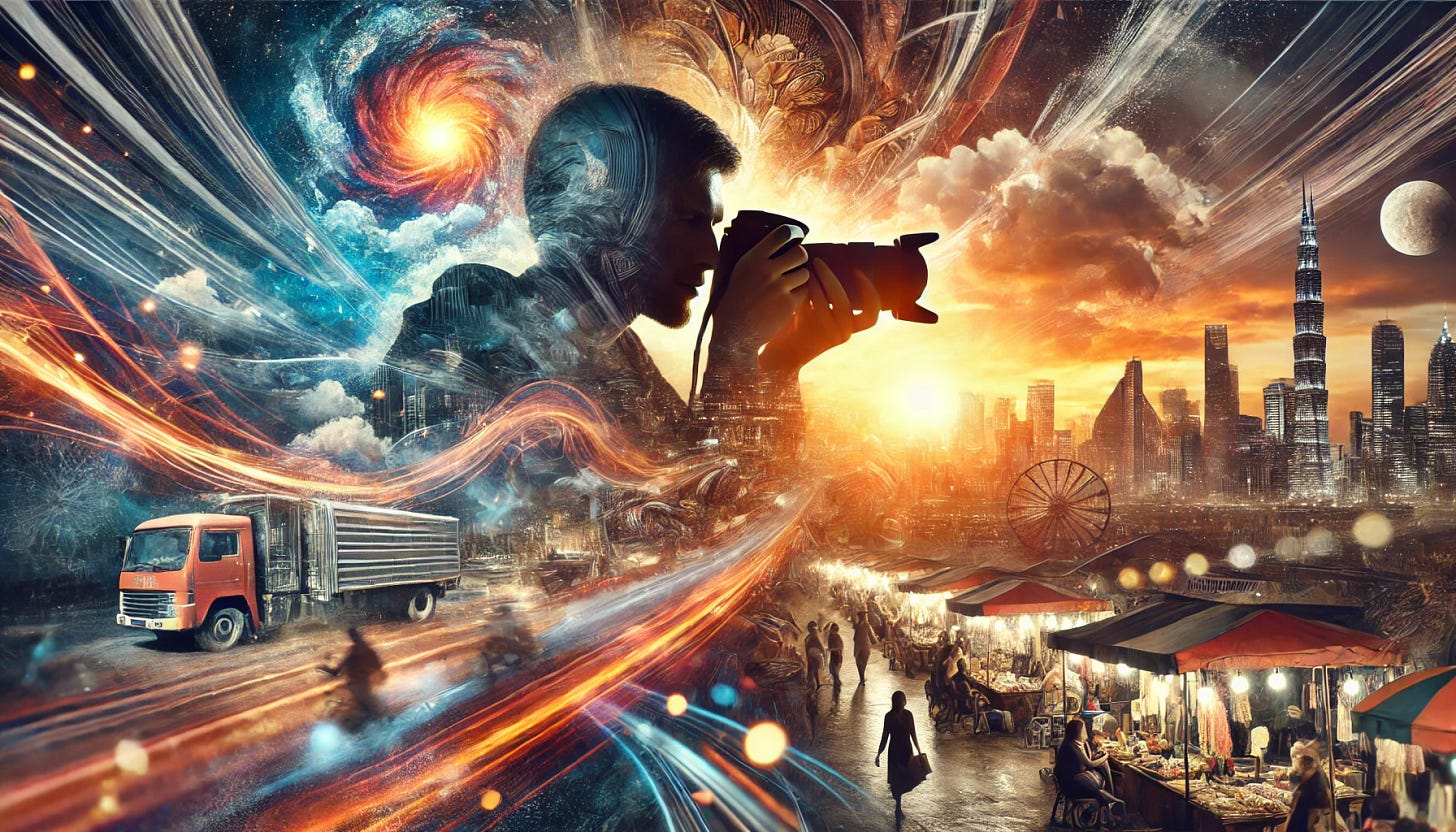 A visually captivating digital artwork symbolizing the spirit of photographic inspiration. The image features:
- A silhouette of a photographer capturing a breathtaking landscape at sunrise.
- A bustling street scene with motion blur, representing dynamic urban photography.
- A close-up portrait with dramatic lighting, evoking artistic and emotional depth.
- A vivid market full of colors and textures, symbolizing diverse creative perspectives.
- Abstract light trails and reflections, illustrating the endless possibilities of visual storytelling.
- A harmonious blend of these elements in a dreamy, cinematic composition, inspiring passion for photography.