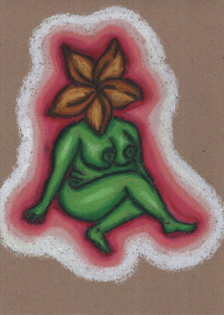 Diagrama com quatro imagens. Imagem 1: Esta obra de arte digital apresenta uma estética surrealista e psicodélica vibrante. A peça centraliza uma figura feminina estilizada, caracterizada por sua pele azul brilhante e cabelos laranja ondulados que emolduram o que seria seu rosto.  Em vez de traços faciais convencionais, há uma abertura oval profunda e vazia no centro da cabeça da figura. Uma flor roxa com haste verde emerge desse vazio. A figura está contida dentro de uma moldura oval rosa sobre um fundo bordô escuro, o que foca a atenção do espectador na personagem central.  Imagem 2: Esta imagem é uma ilustração digital. Uma figura feminina com cabelos curtos em tom pêssego ou rosa claro. No lugar do rosto, há um grande olho verde detalhado, o que dá à personagem uma aparência surreal. Ela usa um vestido de gola alta rosa, luvas vermelhas e botas de salto alto também vermelhas. A personagem está ajoelhada sobre uma superfície amarela. Há uma borda marrom ao redor da personagem, destacando-a do fundo verde claro. Imagem 3: Esta imagem apresenta uma ilustração estilizada de uma figura antropomórfica que combina elementos humanos e vegetais. A pintura é em giz pastel oleoso. Um corpo feminino de cor verde, representado em uma posição sentada de perfil, com os joelhos dobrados e o braço esquerdo apoiado no chão. No lugar de uma cabeça humana, a figura possui uma grande flor amarela e alaranjada com cinco pétalas pontiagudas. A criatura está envolta por uma aura avermelhada e rosa vibrante, que por sua vez é contornada por uma borda branca texturizada. O fundo da imagem é um tom de marrom neutro. O uso de cores é vibrante e os contornos marcados. Imagem 4: Esta imagem é uma ilustração em aquarela que retrata uma pessoa sentada a uma mesa com um aquário no lugar da cabeça. A figura vestindo uma camiseta lilás, está com as mãos apoiadas nas laterais do aquário que substitui sua cabeça. Uma sereia escura é vista nadando no interior do aquário. À frente da pessoa há um notebook aberto. Ao redor, encontram-se objetos cotidianos como um smartphone, uma caneca rosa, um bloco de notas com uma caneta e uma cafeteira italiana (Moka). Sobre a mesa, há um livro e um jornal com textos em português: Um livro intitulado "TUDO SOBRE SEREIAS". Um jornal com a manchete "CABEÇA HUMANA ENCONTRADA EM AQUÁRIO". Uma caixa de "RAÇÃO DE PEIXE" está posicionada no canto inferior esquerdo.