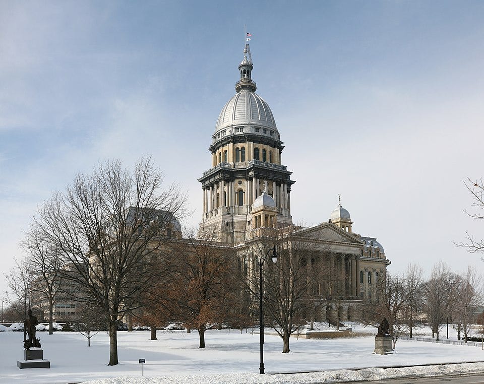 Photo: Illinois State Capitol building, National Register of Historic Places, photo taken in February 2008.. Wikimedia Commons user Daniel Schwen / CC BY-SA 4.0 https://commons.wikimedia.org/wiki/File:Illinois_State_Capitol_pano.jpg.
