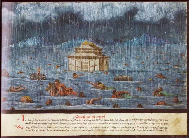 Painting of the Great Flood as told in Genesis. Augsburger Wunderzeichenbuch, Folio 1 (Genesis 7, 11-14). (Public domain) Painting of the Great Flood as told in Genesis. Augsburger Wunderzeichenbuch, Folio 1 (Genesis 7, 11-14). (Public domain)