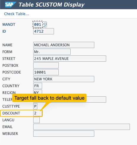 SAP customer record for the newly created French customer, with the discount field showing 2.