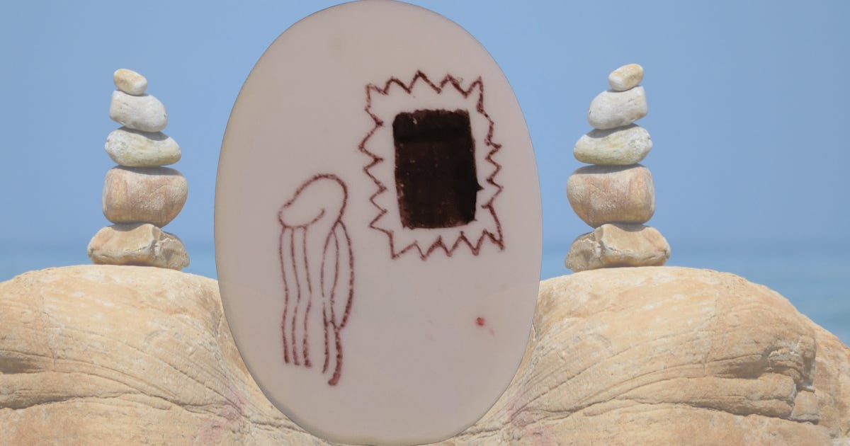 A Crone Stone painted with a hooded figure standing before a dark archway—The Unknown. A Crone Stone painted with a hooded figure standing before a dark archway—The Unknown.