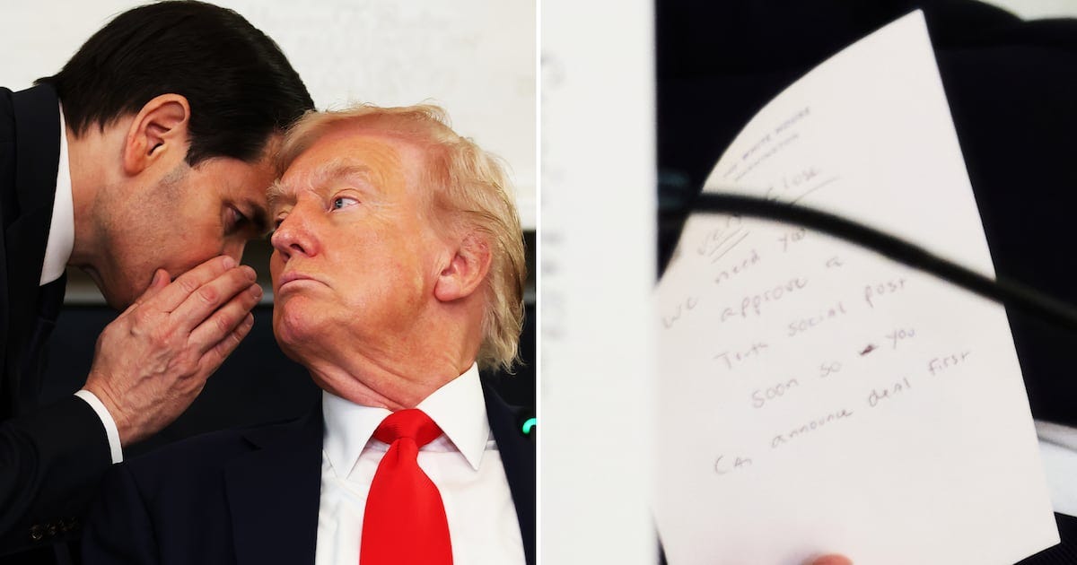 Secretary of State Marco Rubio writes a note before handing it to President Donald Trump during a roundtable meeting on antifa in the State Dining Room at the White House, Wednesday, Oct. 8, 2025, in Washington.