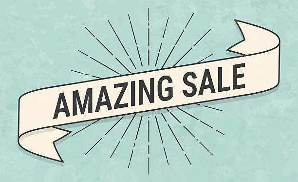 Amazing Sale - Banner in retro vintage style - Old textured paper Amazing Sale. Banner, ribbon, label in a trendy vintage style. Beautiful retro ribbon with old textured paper and sunbursts in the background. Colors used: green, blue, beige and black. The banner is beige with a black outline, the sunbursts and the text are black. The background is green-blue. Vector Illustration (EPS file, well layered and grouped). Easy to edit, manipulate, resize or colorize. Vector and Jpeg file of different sizes. great discount stock illustrations