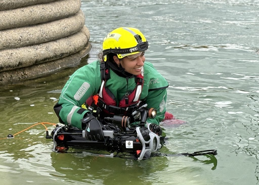 HART Paramedic Christel deploying an under water drone. HART Paramedic Christel deploying an under water drone.