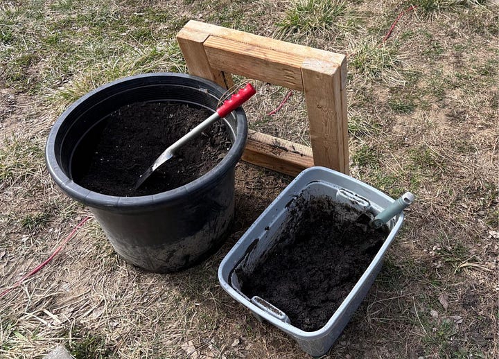 Preparing soil blocking mix by screening coarse materials and adding water to achieve a play-dough consistency for starting peppers from seed.