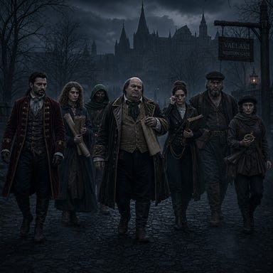 Party disguised by illusion as Boris the Architect’s entourage: Fleetwood in velvet and brass coat, Clarion carrying rolled blueprints, Silverleaf in surveyor’s mantle, Ezmerelda with monocle and ledger, Felonious transformed into rotund balding architect with ink‑stained fingers, Greegan as stone‑faced foreman, Arabelle as mute apprentice with compass, misty Barovian road backdrop