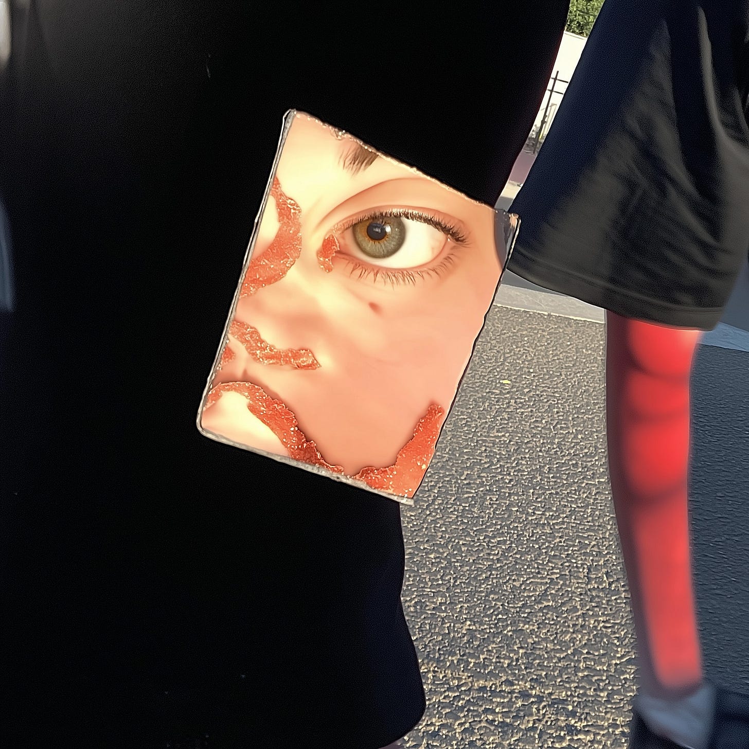 A close-up of a rectangular object with a realistic eye and red textures, attached to black clothing in bright sunlight.
