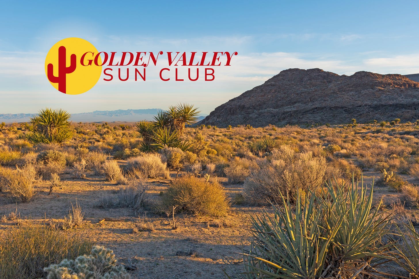 A desert landscape bathed in golden evening light near Kingman, Arizona, featuring low shrubs, Joshua trees, and a rocky mountain ridge in the distance under a clear blue sky. Overlaid in the top left is the Golden Valley Sun Club logo: a stylized red cactus set against a yellow sun, with the text “Golden Valley Sun Club” in bold red lettering. A desert landscape bathed in golden evening light near Kingman, Arizona, featuring low shrubs, Joshua trees, and a rocky mountain ridge in the distance under a clear blue sky. Overlaid in the top left is the Golden Valley Sun Club logo: a stylized red cactus set against a yellow sun, with the text “Golden Valley Sun Club” in bold red lettering.