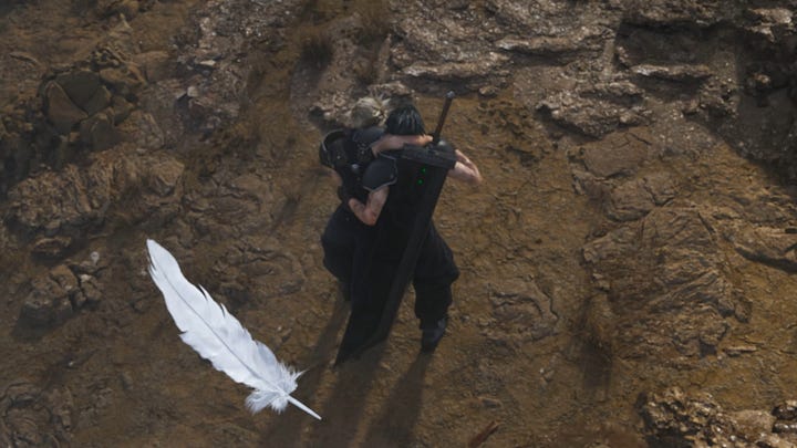 Comparison of the white feather between Rebirth's prologue and Crisis Core's ending
