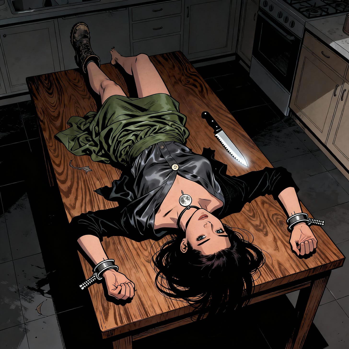Overhead view of Morrigan Skye lying on a walnut kitchen table, wrists shackled with a chain running beneath the tabletop; moss-green skirt rucked, charcoal blouse askew, one boot missing. A serrated steak knife gleams near her head; the dim kitchen and counters frame the scene.