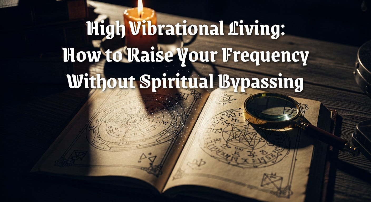 A photorealistic close-up of a dimly lit, weathered wooden desk in an alchemist's study, featuring an open leather grimoire with arcane symbols, a flickering beeswax candle, and an antique magnifying glass, all rendered with a vintage 35mm film aesthetic and a subtle energetic glow.