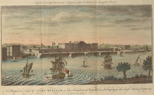 "A Perspective View of Fort William" by Jan Van Ryne, 1754.