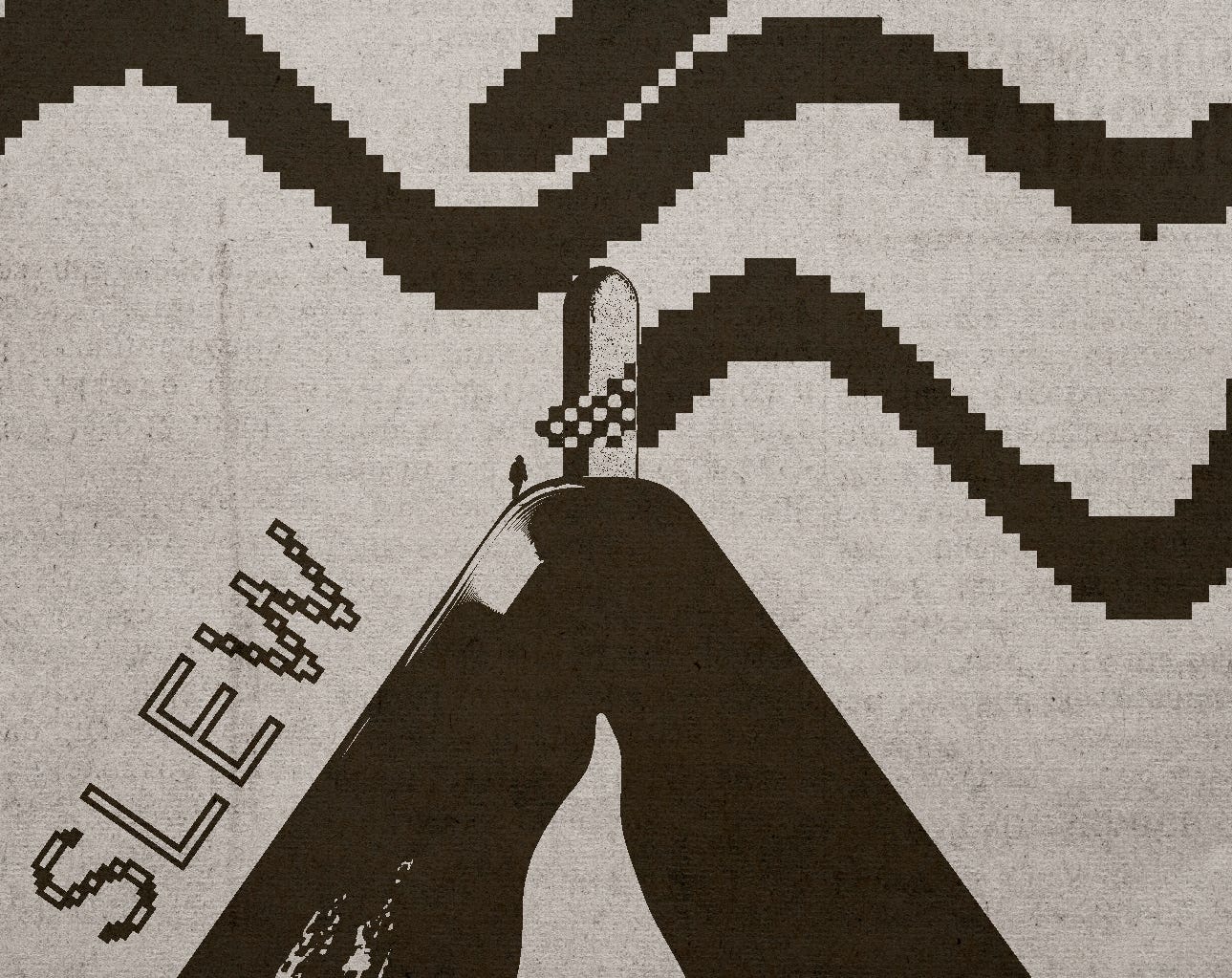 itch.io cover for SLEW featuring a mountain and a portal with someone standing before it in stark black and white
