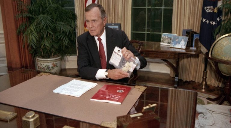 President George H.W. Bush addressing the nation on Sept. 5, 1989. The president illustrated the threat of drugs by holding up a baggie of crack he said had been seized across the street from the White House. (Courtesy of George Bush Presidential Library and Museum)