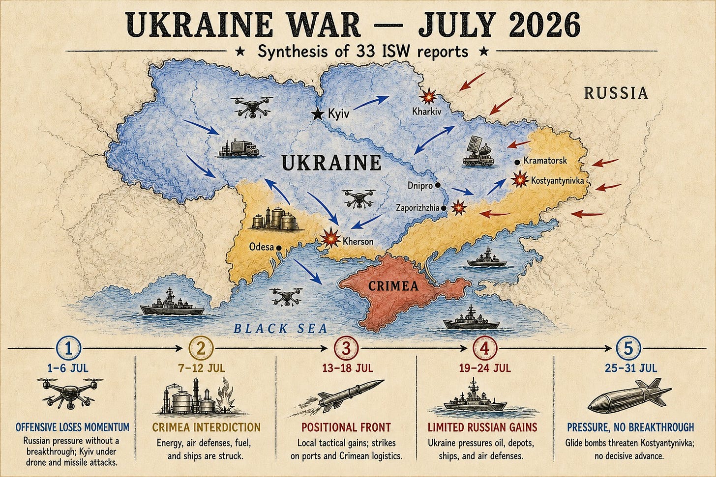 Illustrated map and timeline of the war in Ukraine during July 2026