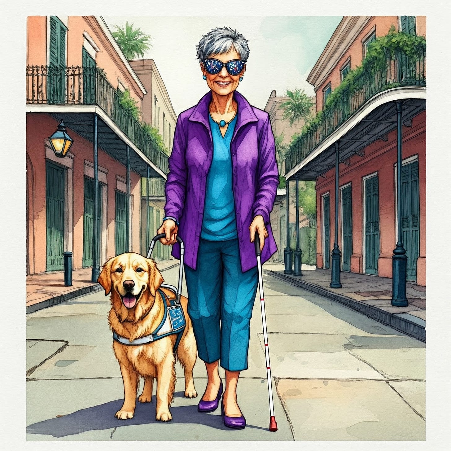 Image of Francoise LeBlanc with golden retriever guide dog Jo-El walking in NOLA with white cane. Image of Francoise LeBlanc with golden retriever guide dog Jo-El walking in NOLA with white cane.