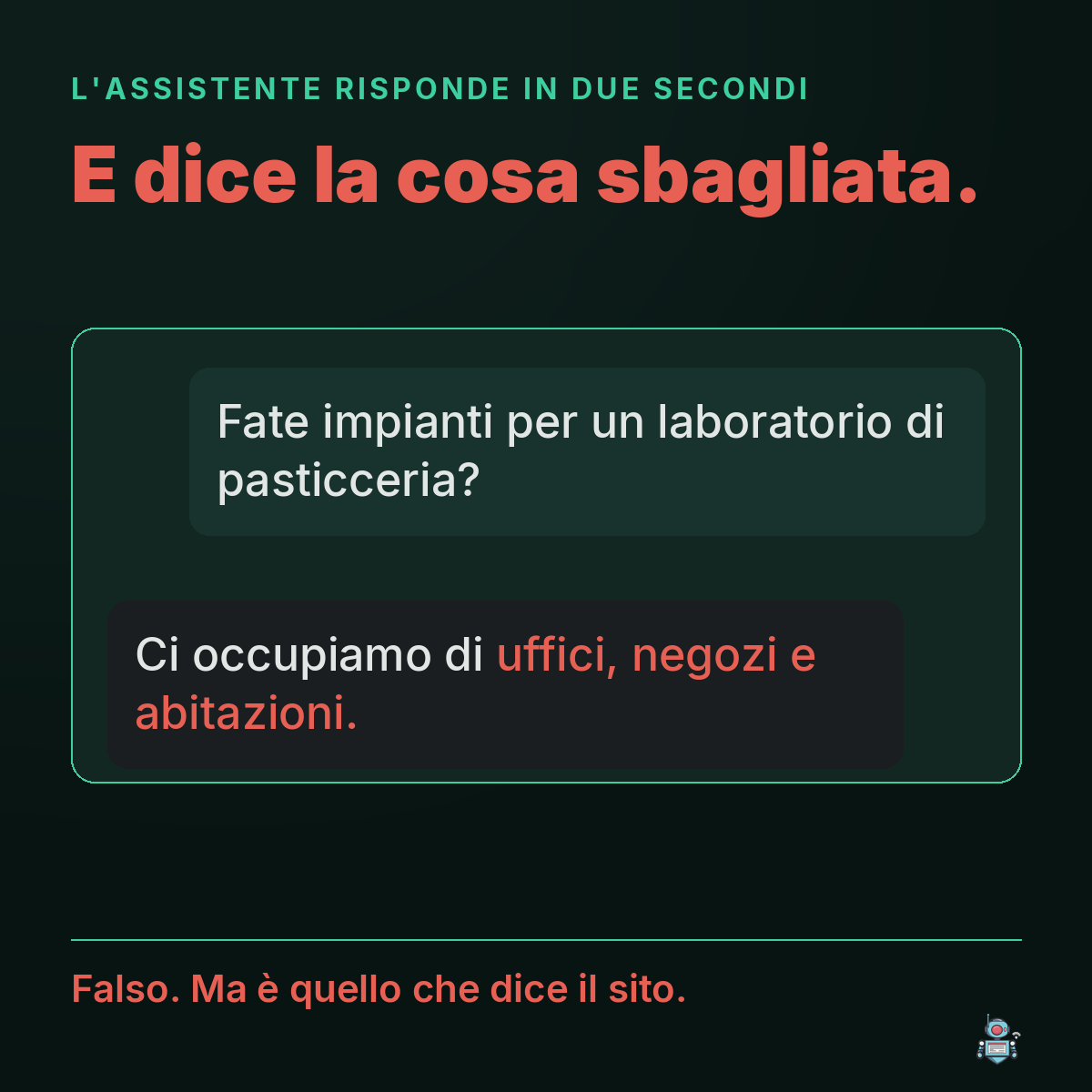 Assistente AI risponde «uffici, negozi e abitazioni» a chi chiede impianti per un laboratorio di pasticceria Assistente AI risponde «uffici, negozi e abitazioni» a chi chiede impianti per un laboratorio di pasticceria