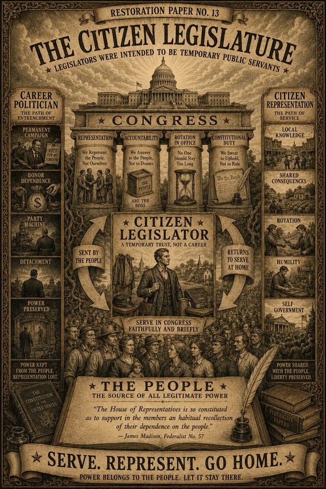 Vintage sepia Restoration Paper No. 13 poster titled “The Citizen Legislature,” showing Congress upheld by representation, accountability, rotation in office, and constitutional duty. The image contrasts a dark “Career Politician” path of permanent campaigns, donor dependence, party machines, and detachment with a brighter “Citizen Representation” path of local knowledge, humility, rotation, and self-government. At the center, a citizen legislator stands between Congress and the people, with arrows showing the proper cycle: sent by the people, serve briefly, and return home. Bottom banner reads: “Serve. Represent. Go Home.” Vintage sepia Restoration Paper No. 13 poster titled “The Citizen Legislature,” showing Congress upheld by representation, accountability, rotation in office, and constitutional duty. The image contrasts a dark “Career Politician” path of permanent campaigns, donor dependence, party machines, and detachment with a brighter “Citizen Representation” path of local knowledge, humility, rotation, and self-government. At the center, a citizen legislator stands between Congress and the people, with arrows showing the proper cycle: sent by the people, serve briefly, and return home. Bottom banner reads: “Serve. Represent. Go Home.”