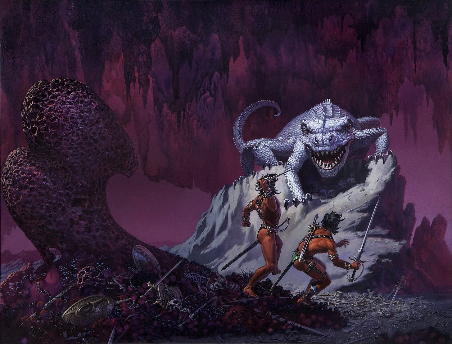 Menacingly, a white, six-legged lizard grips pale rocks rising well above the floor in an expansive cavern. Distant stalactites extend from the ceiling washed in dark pink and purple providing contrast. The lizard perches above twin Barsoomian warriors opening its maw to expose its teeth. As if caught by surprise—evident by the sword still in its scabbard—one of the men is standing upright and poised to attack with just a dagger in hand. His companion crouches warily with a basket-hilt sword held out, tip up. His shoulder length black hair swings forward with motion. A massive bone protrudes from the floor, the ball joint of a femur seemingly larger than the lizard itself. The foreground around it is littered with human bones, swords, and shields. Menacingly, a white, six-legged lizard grips pale rocks rising well above the floor in an expansive cavern. Distant stalactites extend from the ceiling washed in dark pink and purple providing contrast. The lizard perches above twin Barsoomian warriors opening its maw to expose its teeth. As if caught by surprise—evident by the sword still in its scabbard—one of the men is standing upright and poised to attack with just a dagger in hand. His companion crouches warily with a basket-hilt sword held out, tip up. His shoulder length black hair swings forward with motion. A massive bone protrudes from the floor, the ball joint of a femur seemingly larger than the lizard itself. The foreground around it is littered with human bones, swords, and shields.