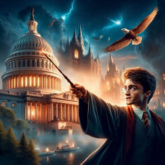harry potter pointing his wand and casting a spell toward the U.S. Capitol. Image 4 of 4