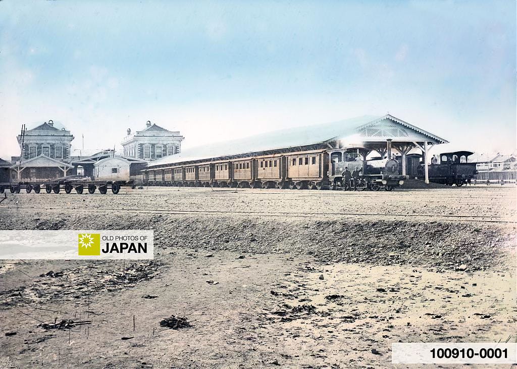 Steam locomotives at Shinbashi Station in Tokyo, ca. 1873-74 Steam locomotives at Shinbashi Station in Tokyo, ca. 1873-74