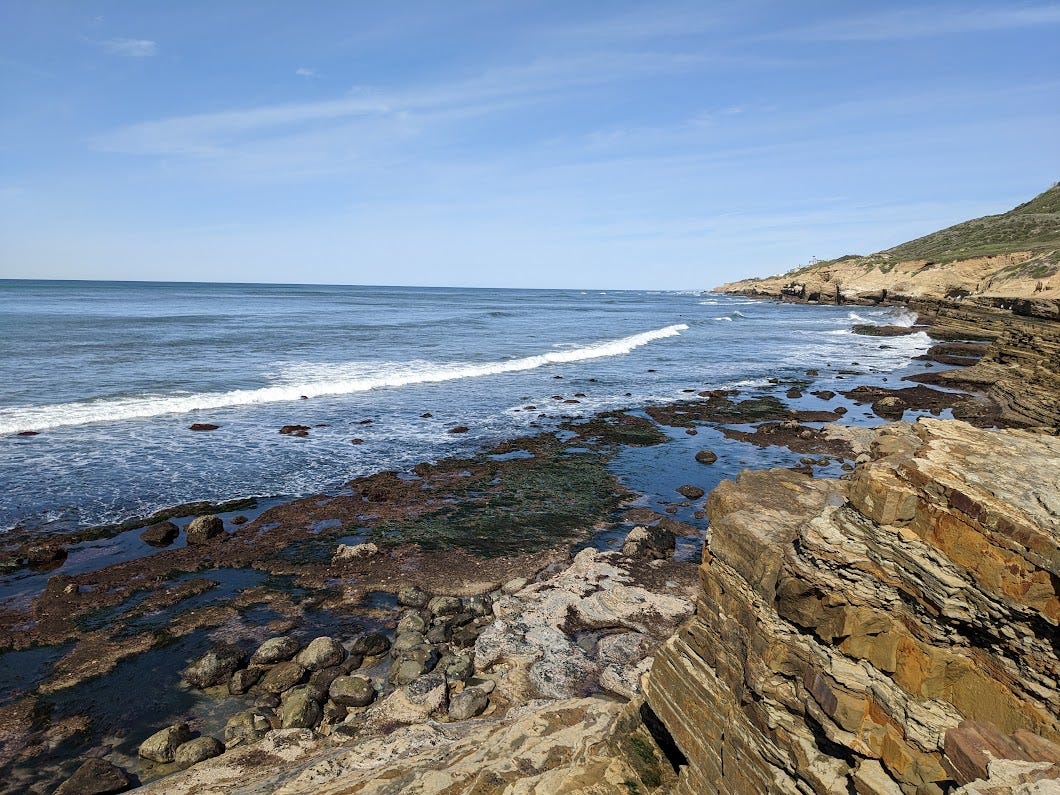 Rugged Point Loma, San Diego coastline along the right of the frame, with waves rolling in from the left of the frame. toward tide pools at the base of the cliffs. The sky above is a pale blue. 
