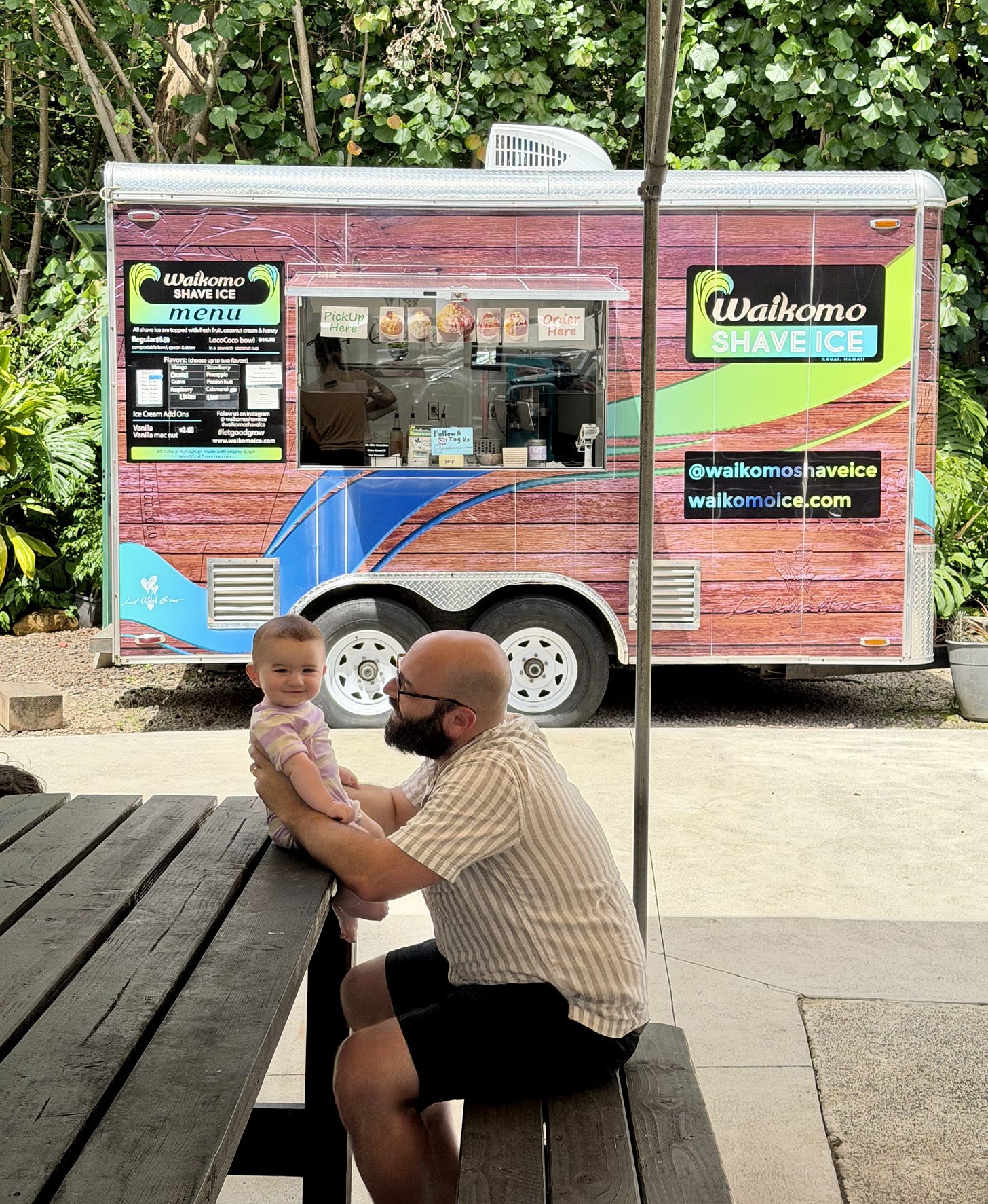 Waikomo Shave Ice food truck at Warehouse 3540 in Kalaheo, Kauai, featuring all-natural fruit syrups.