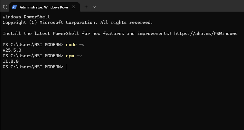 PowerShell showing Node.js and npm versions installed on Windows. PowerShell showing Node.js and npm versions installed on Windows.