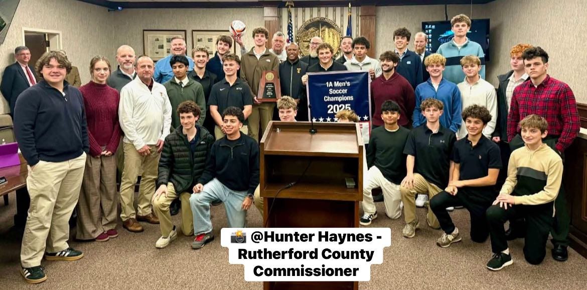 May be an image of studying, clarinet and text that says '1A Men's Soccer Champions 2025 北文文区 @Hunter Haynes Rutherford County Commissioner'