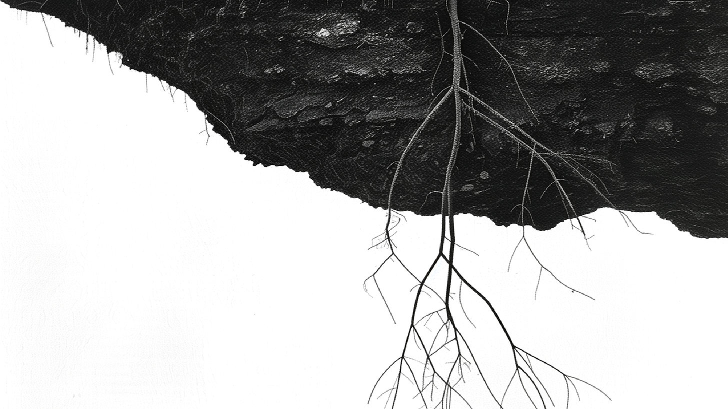Siyah beyaz bir illüstrasyon: Üstte koyu bir toprak tabakası, altından aşağı doğru uzanan ince ve dallanan ağaç kökleri; geniş beyaz bir arka plan.