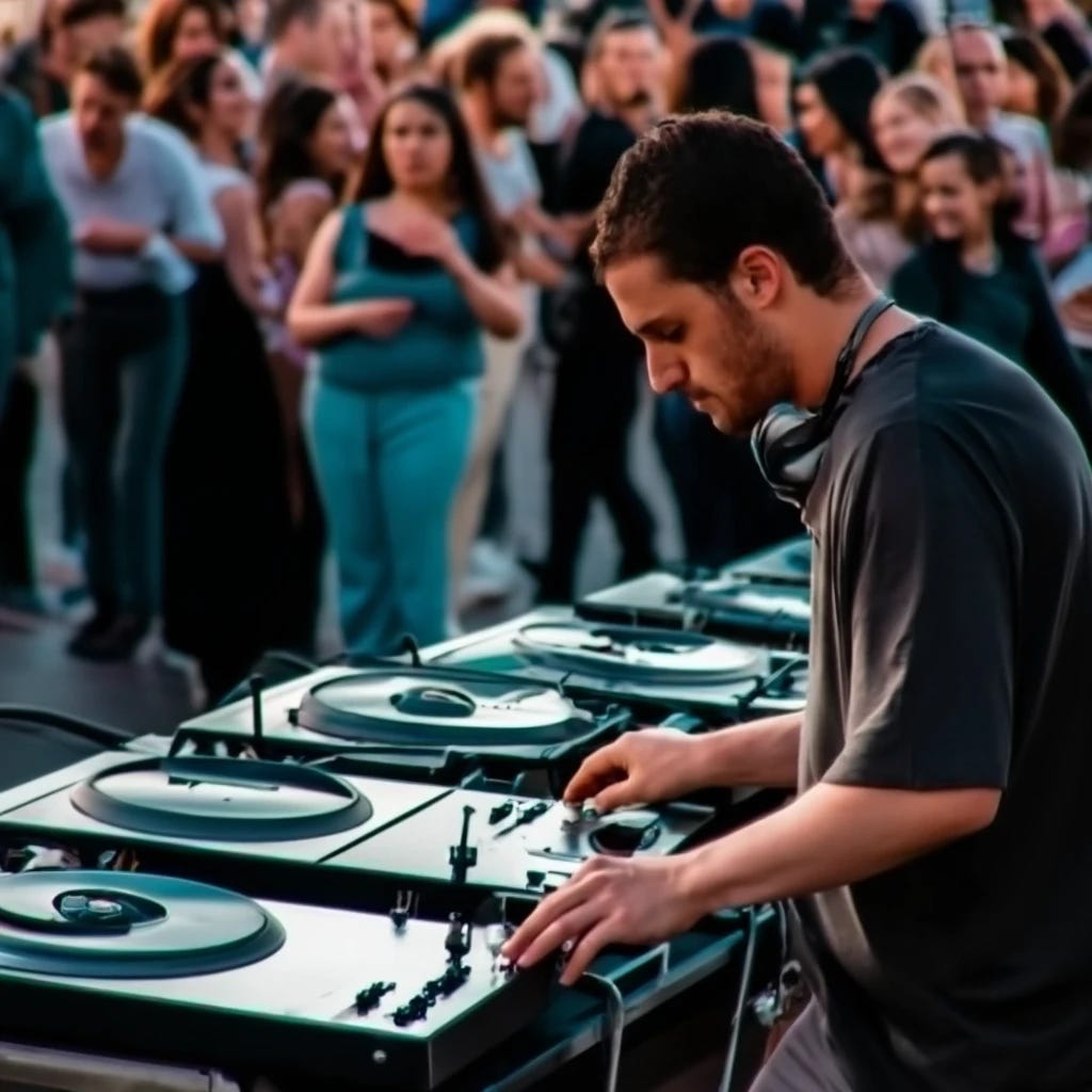 white man playing turntables outdoors with small audience
