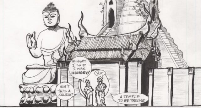 hand drawn and lettered image of two characters talking in front of a Buddhist Temple. art by charles merritt houghton copyright 2022 all rights reserved